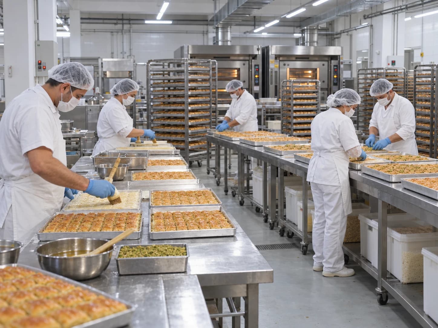 Tatlı fabrikasında uzun hazırlık hatları, tepsi arabaları ve endüstriyel fırınlarla seri üretim